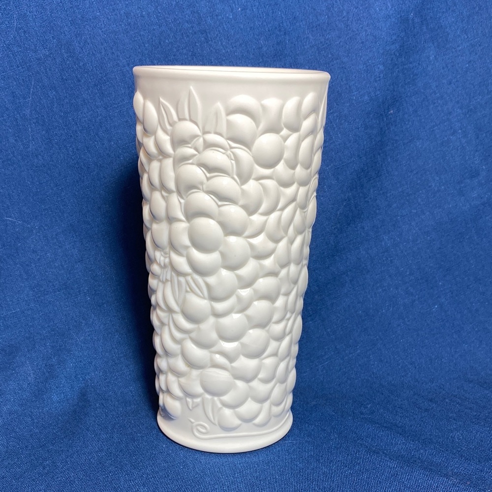 Vintage Indiana Glass Vase in Heavy Milk Glass with Fruit Pebbles Design